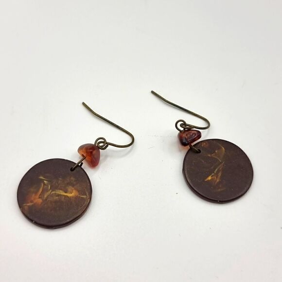 TORTISE CHOCOLATE circle round bead dangle earrings - Picture 1 of 6
